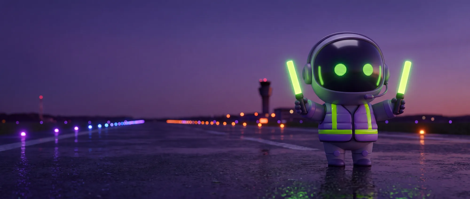 The Alion mascot on a runway at dusk, holding two glow sticks up